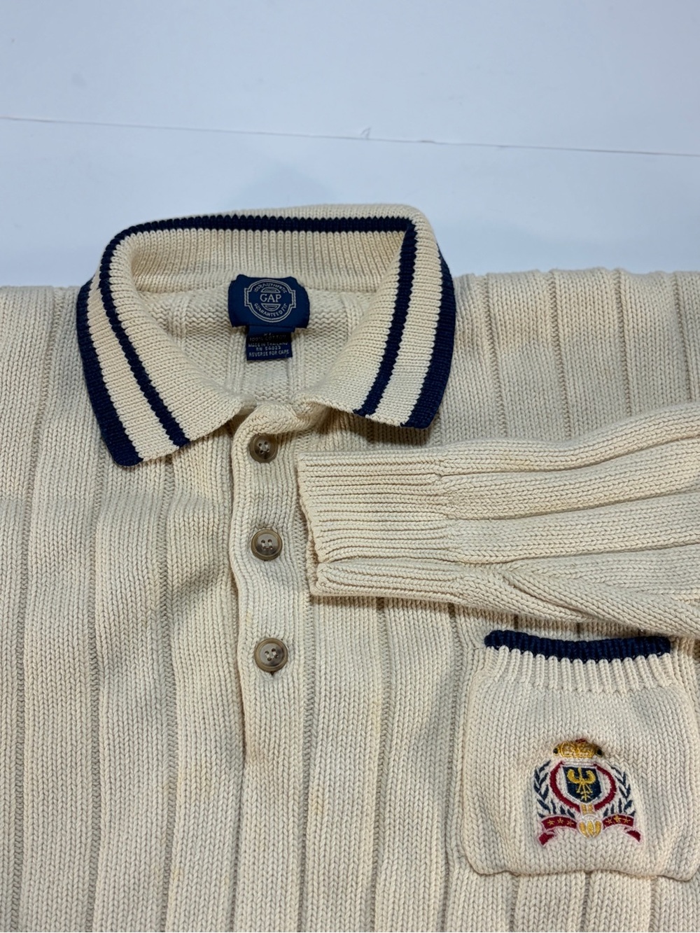Vintage 90s GAP Crest Knit Polo Sweater Ivory Men's XL Old Money Preppy - Picture 7 of 8